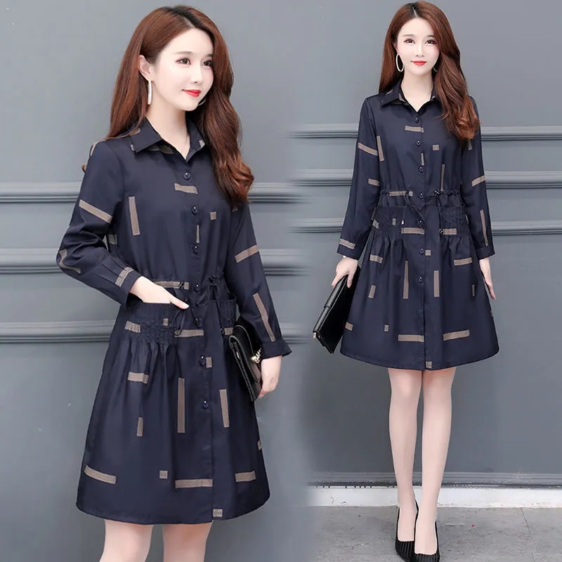 Plus Size Printing Trench Coat Womens Long  Autumn Winter New Windbreaker Jacket Women Fashion All-match Casual Overcoat